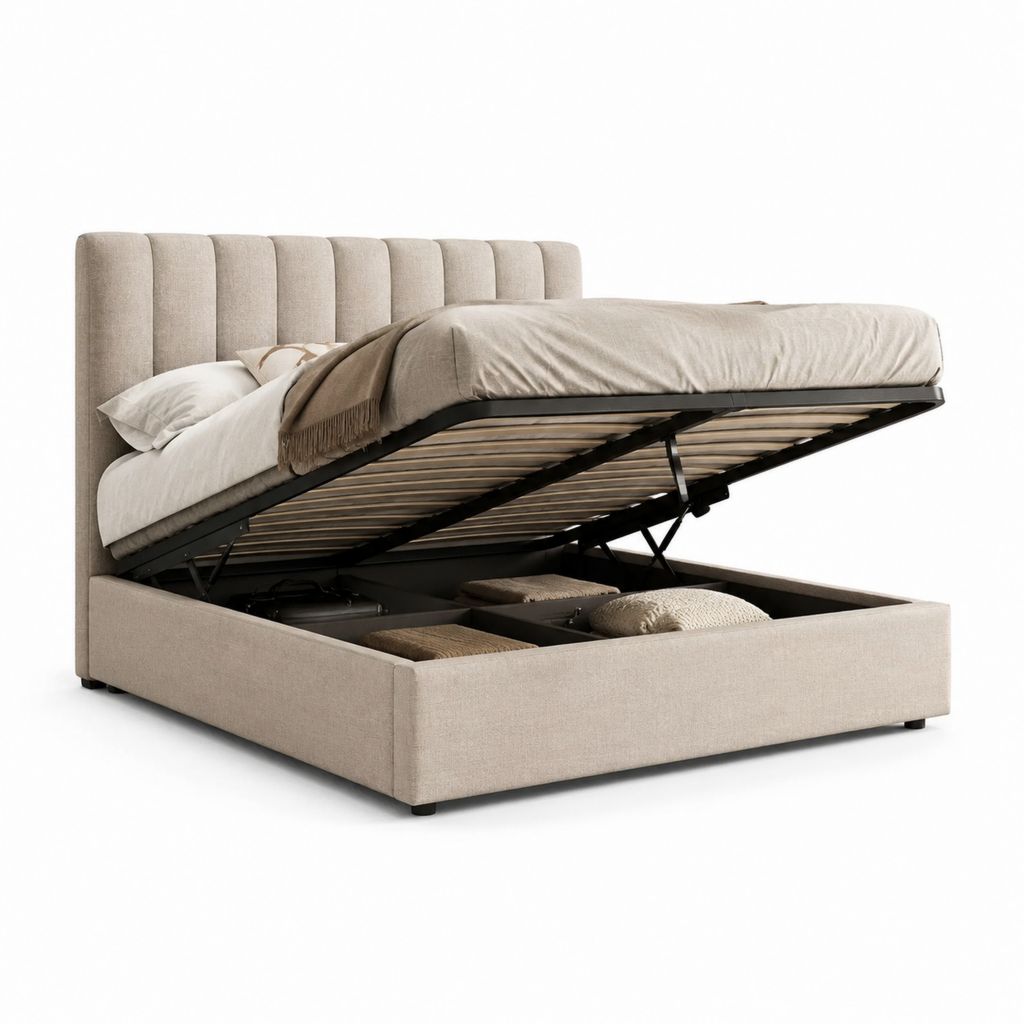 Letto contenitore matrimoniale beige in poliestere con testiera imbottita 160 x 200 cm