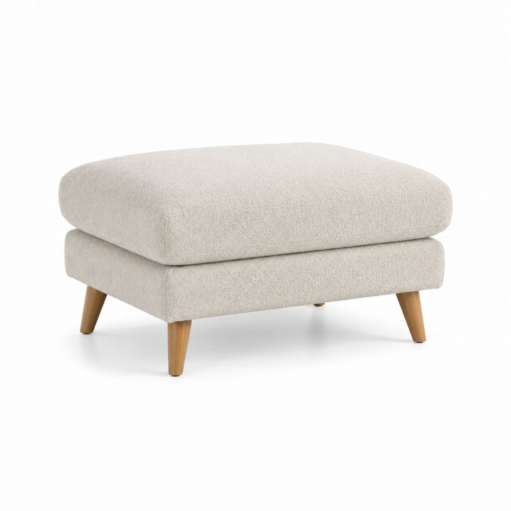 Poggiapiedi imbottito beige in poliestere bouclé con gambe in faggio massello 80 x 60 x 43 cm