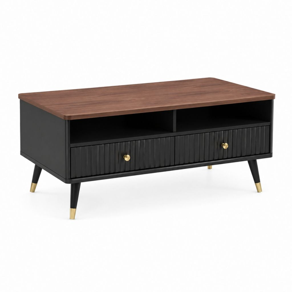 Tavolino da caffè rettangolare nero e noce in pannello truciolare 110 x 50 x 45 cm con 2 cassetti