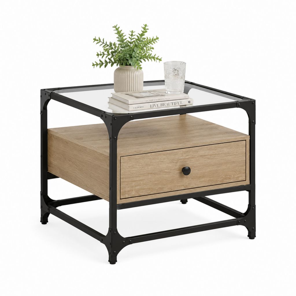 Tavolino da caffè quadrato con cassetto rovere naturale acciaio nero vetro temperato 60 x 60 x 55 cm
