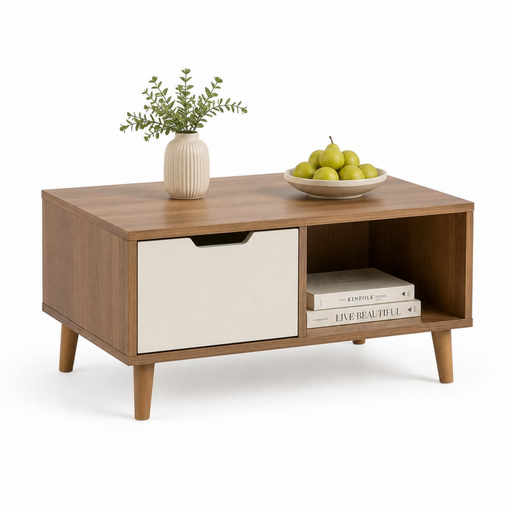 Tavolino da caffè con cassetto e vano a giorno noce e bianco in pannello truciolare 100 x 50 x 45 cm