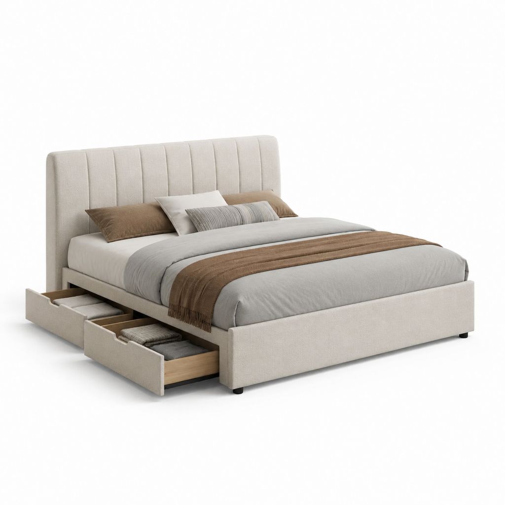 Letto contenitore matrimoniale con 2 cassetti laterali beige in poliestere 160 x 200 cm