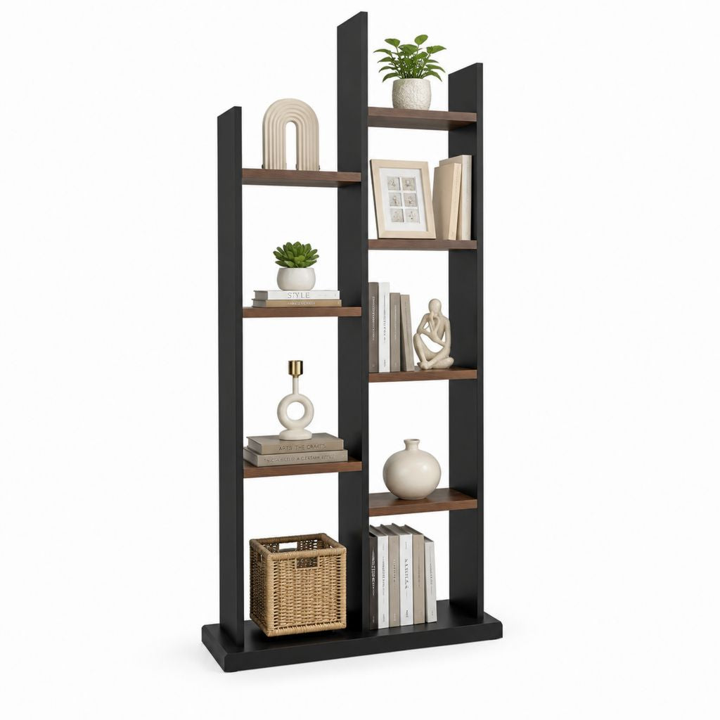 Libreria a 8 ripiani marrone noce e nero in pannello truciolare 80 x 30 x 180 cm