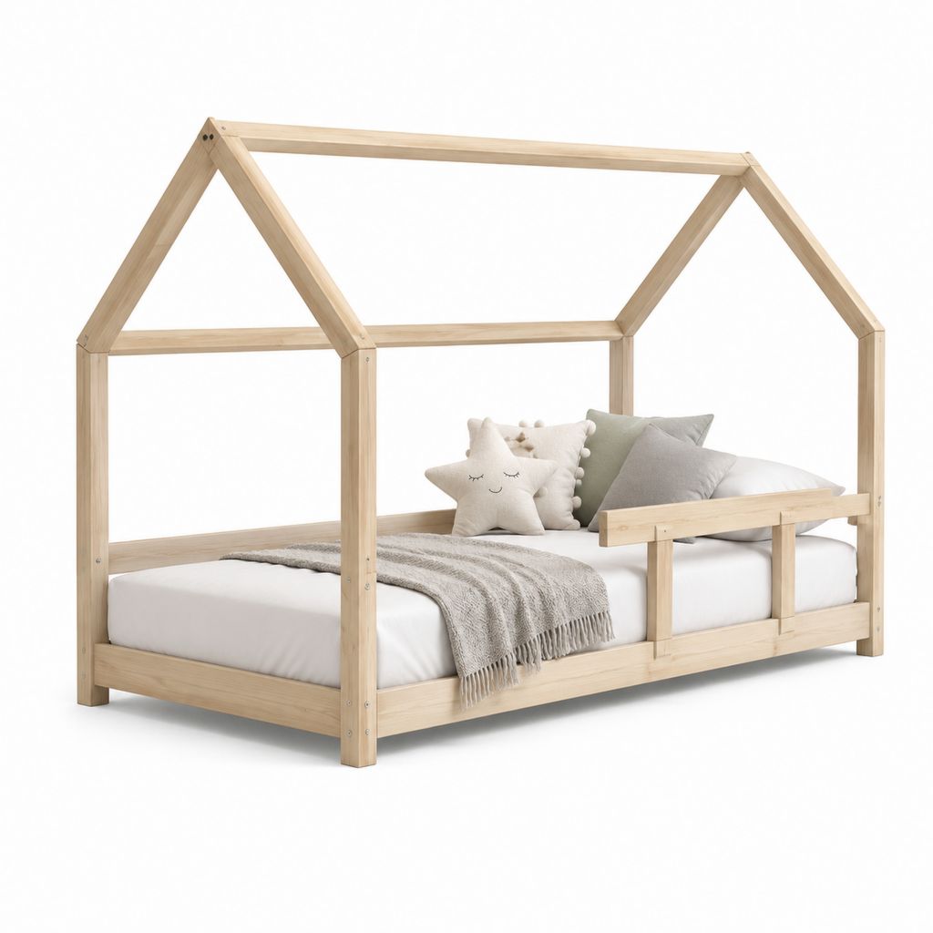 Letto a casetta per bambini in pino massello naturale 90 x 190 cm con sponda frontale