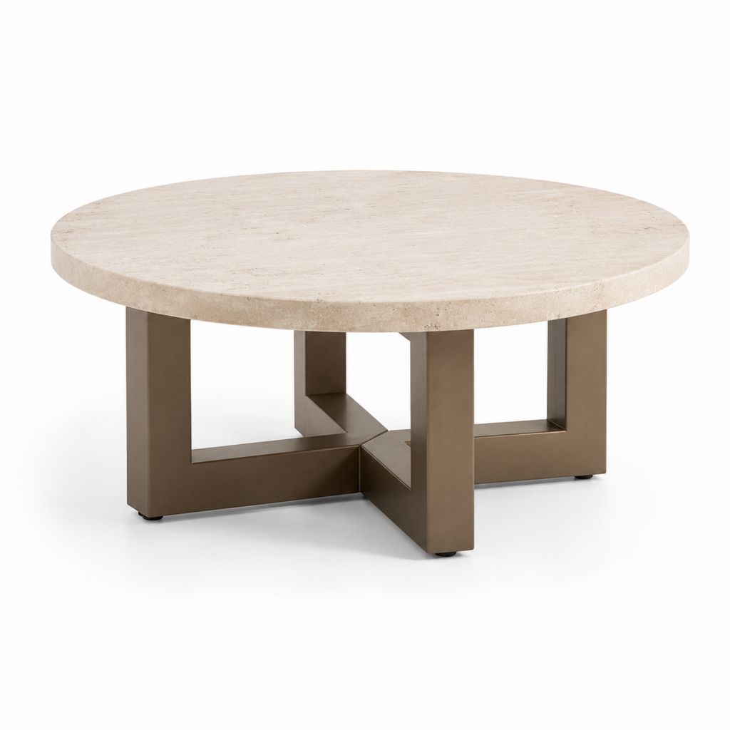 Tavolino da caffè rotondo beige in travertino e acciaio verniciato bronzo Ø 90 x 38 cm