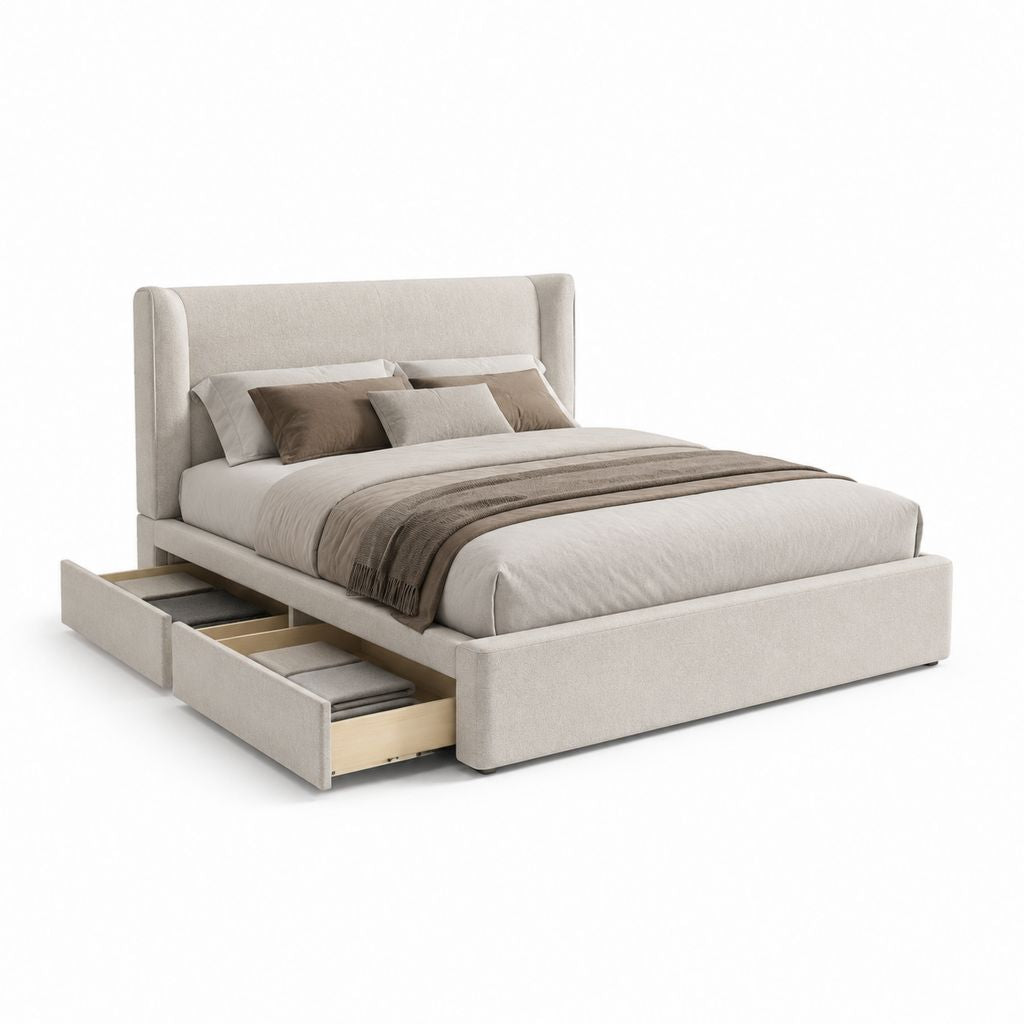 Letto matrimoniale con cassetti contenitore beige in poliestere 180 x 220 cm per materasso 160 x 200 cm