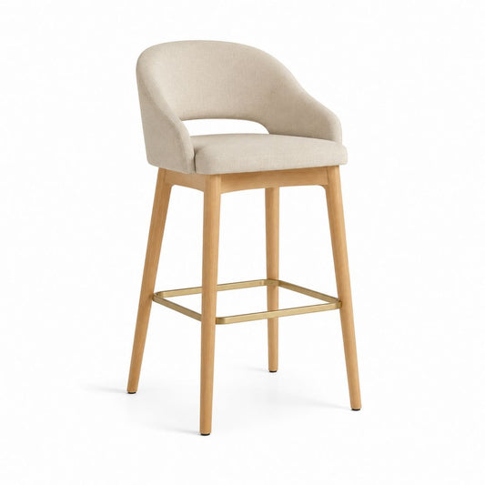 Sgabello da bar beige in poliestere e legno massello con schienale curvo 55 x 57 x 102 cm