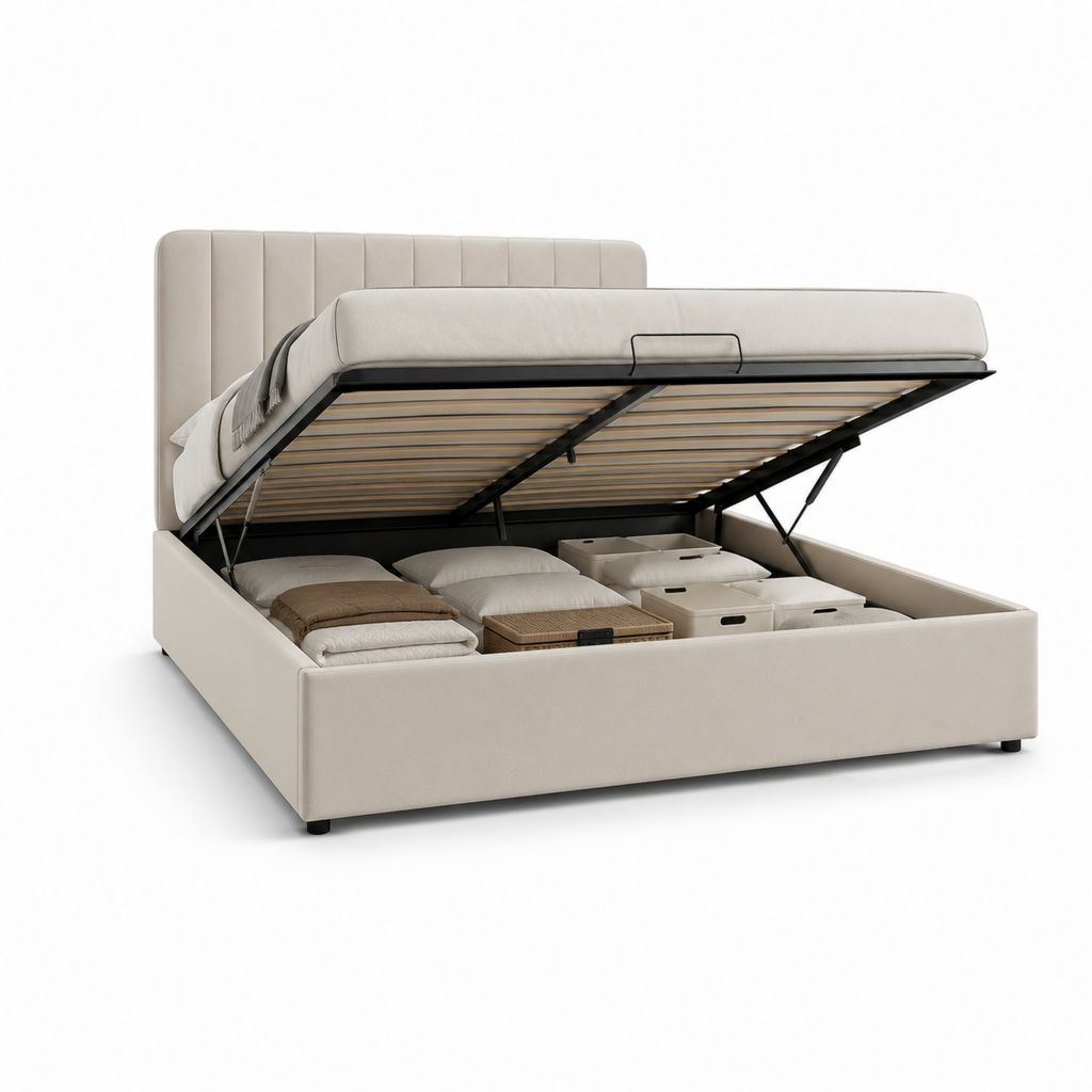 Letto contenitore matrimoniale beige in poliestere con testiera imbottita 180 x 220 x 110 cm per materasso 160 x 200 cm