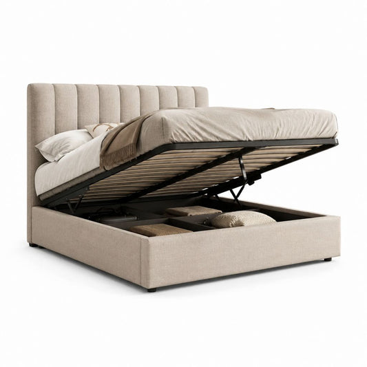 Letto contenitore matrimoniale beige in poliestere con testiera imbottita 160 x 200 cm