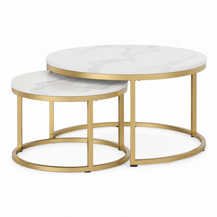 Set 2 Tavolini da caffè rotondi bianchi effetto marmo con struttura in acciaio dorato Ø80 x 45 cm e Ø60 x 40 cm