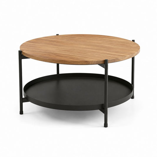 Tavolino da caffè rotondo marrone e nero in MDF impiallacciato rovere e acciaio Ø80 x H45 cm