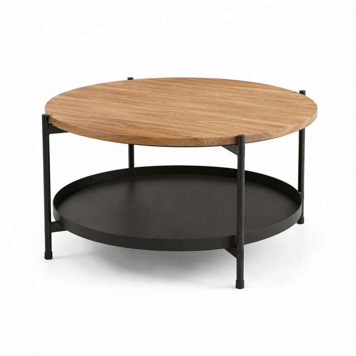 Tavolino da caffè rotondo marrone e nero in MDF impiallacciato rovere e acciaio Ø80 x H45 cm
