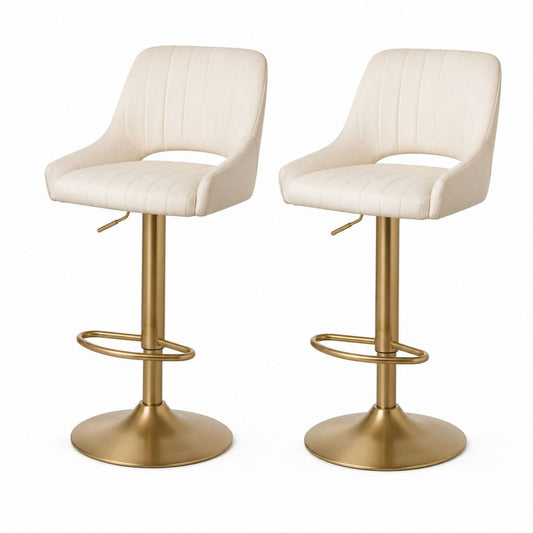 Set di 2 sgabelli da bar regolabili girevoli avorio in similpelle PU con base in acciaio dorato 50 x 52 x 92-113 cm