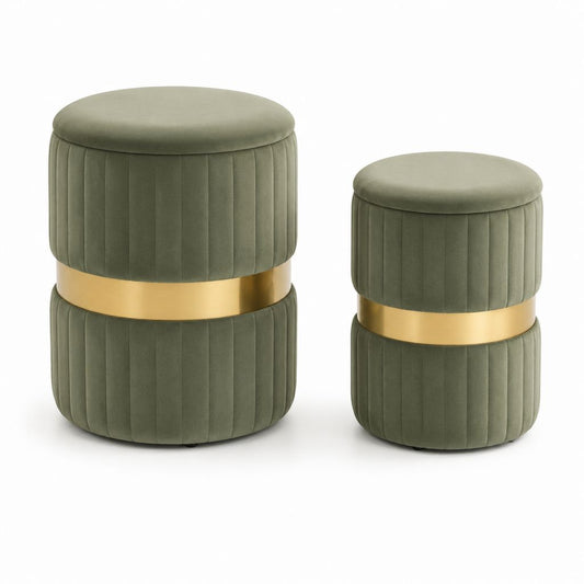 Set 2 Pouf Poggiapiedi Rotondi Verde Oliva in Velluto di Poliestere con Fascia Dorata 45 x 50 cm e 38 x 42 cm