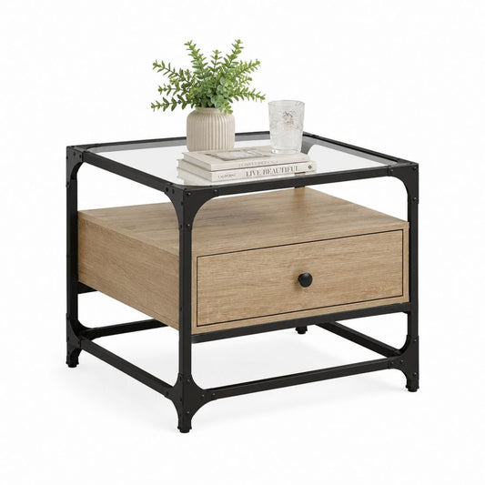 Tavolino da caffè quadrato con cassetto rovere naturale acciaio nero vetro temperato 60 x 60 x 55 cm