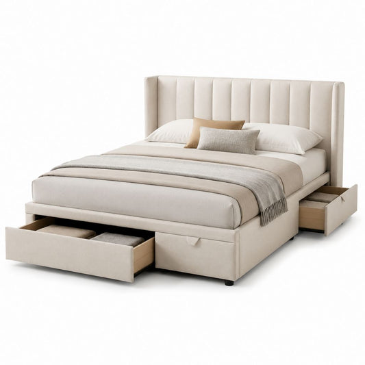 Letto contenitore matrimoniale con 3 cassetti beige in poliestere rettangolare 160 x 200 cm