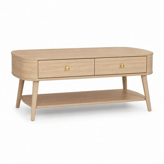 Tavolino da caffè con 2 cassetti rovere chiaro MDF impiallacciato forma ovale 120 x 60 x 50 cm