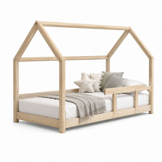 Letto a casetta per bambini in pino massello naturale 90 x 190 cm con sponda frontale