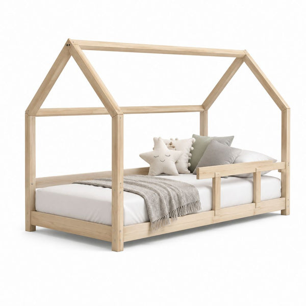 Letto a casetta per bambini in pino massello naturale 90 x 190 cm con sponda frontale