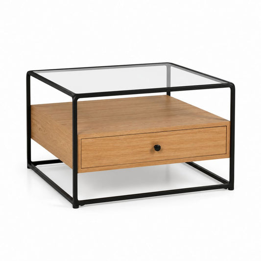 Tavolino da caffè quadrato rovere e vetro temperato con cassetto 80 x 80 x 45 cm