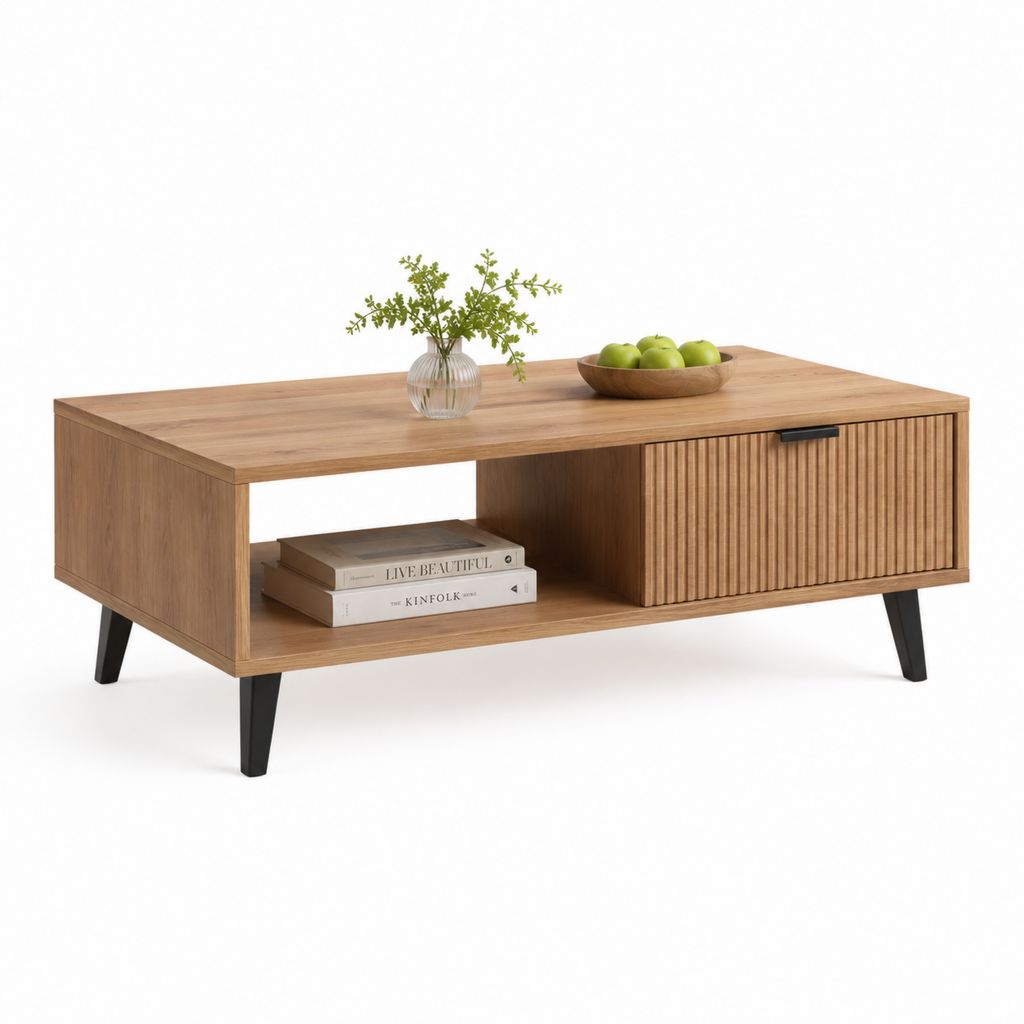 Tavolino da caffè rettangolare rovere con vano aperto e anta scorrevole 100 x 50 x 45 cm