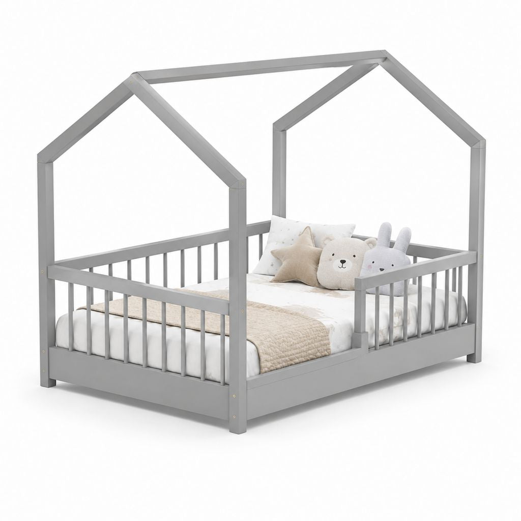 Letto a casetta per bambini grigio in legno massello di pino 90 x 200 cm
