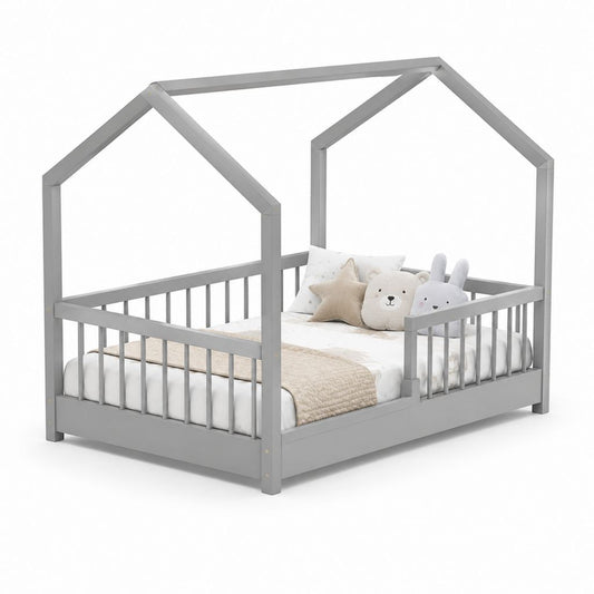 Letto a casetta per bambini grigio in legno massello di pino 90 x 200 cm