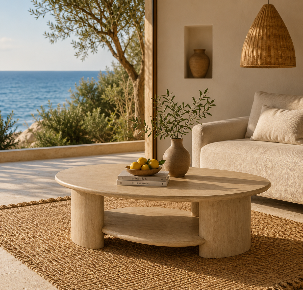 Tavolino da caffè ovale rovere chiaro in MDF impiallacciato 120 x 70 x 40 cm con ripiano inferiore